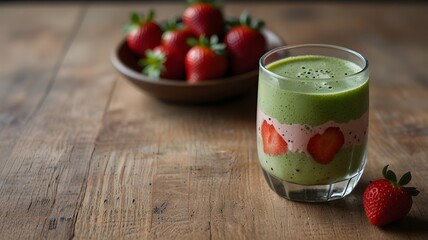 Iced strawberry matcha latte or smoothies with beautiful layers and with fresh strawberries on the side