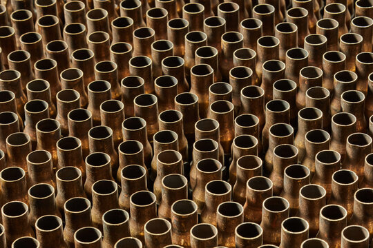 Group of fired metal cartridges collected after military conflict