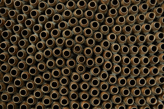 View from above on machine gun shells placed closely