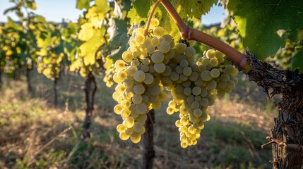 A close-up of ripe green grapes hanging in a vineyard under sunlight.
