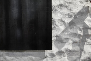 A blank sheet of black metal on rough plaster wall with . There is a place for a picture or text in any color. Copy space