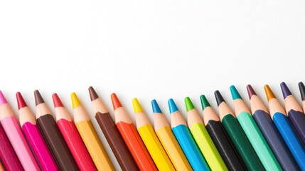 Naklejka premium Colorful crayons arranged in a wave pattern, isolated on a white background for artistic flair. selective focus on foreground, copy space for text, ultra HD,