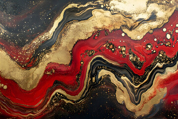 Bold swirls of red, gold, and black create a stunning abstract landscape inspired by cosmic elements