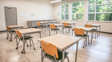 Bright Classrooms with Desks and Chairs Under Natural Light