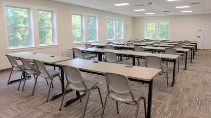 Neatly Aligned Desks in Bright Classroom Environment
