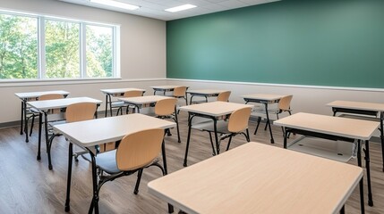Neatly Arranged Desks in an Empty Classroom