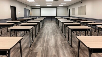 Open and Empty Classroom with Neatly Arranged Desks