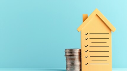 Home Checklist with Coins on Blue Background