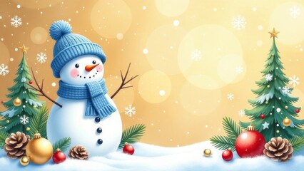 Obraz premium Christmas card made of fir trees, Christmas balls, knitted snowman on a golden background. Sparkling bokeh. Free space for text