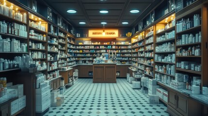 A well-stocked pharmacy with rows of shelves filled with medicines and products.  The interior is decorated with wooden shelves and a tiled floor.