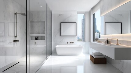 High-end spa bathroom, marble walls, glass shower, minimal decor, luxurious and serene