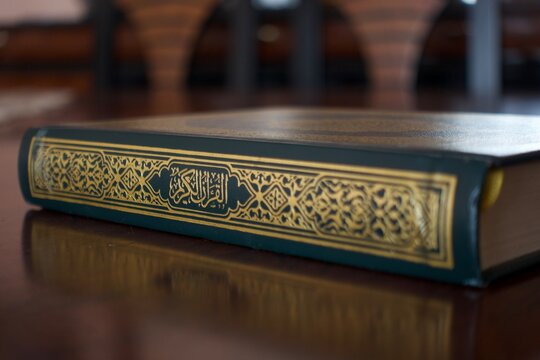 Close-up of the Quran with Elegant Green and Gold Cover