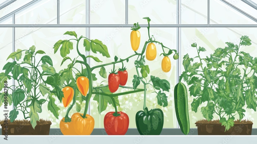 Poster greenhouse showcases an array of thriving tomatoes, cucumbers, and peppers, all nurtured in colorful