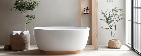 Fototapeta premium Japanese onsen tub with natural wood accents, minimalistic