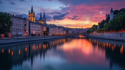 Fototapeta premium A serene riverside view at sunset with fireworks illuminating the sky.