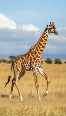 A giraffe is walking through a field of tall grass. The giraffe is tall and has a long neck. The sky is blue and there are some clouds in the sky