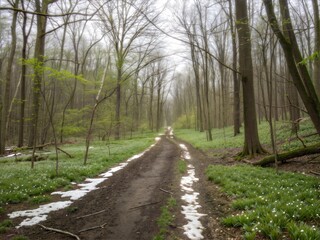 Fototapeta premium Early spring forest trail with melting snow patches