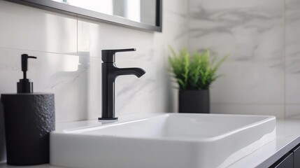 Fototapeta premium Matte black fixtures, minimalist vanity, spa atmosphere