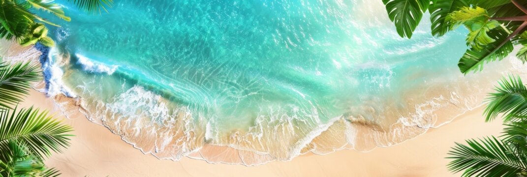 Scenic beach with ocean waves and palm leaves, customizable text area