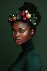 Beautiful Black Woman in a Dark Green Turtleneck with Christmas Decorations in Hair, Stylish Model, Dark Green Background, Holiday Fashion Portrait Generative AI