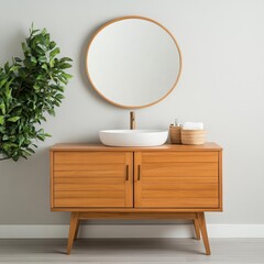 Natural wood vanity with round mirror, spa luxury