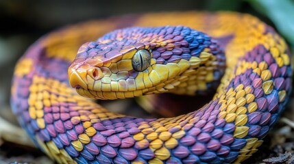 Fototapeta premium A colorful snake with a yellow head and orange and red stripes. The snake is curled up and he is resting