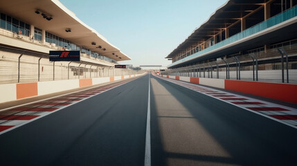 Empty racetrack with pit lane and grandstands viewed from the center of the racing circuit on a clear day, featuring marking lines and safety barriers on both sides.