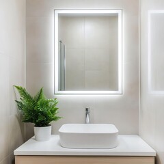 Fototapeta premium Soft-lit mirror with green plant, minimalist zen bathroom