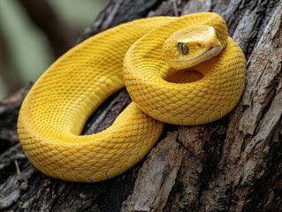 Fototapeta premium A yellow snake is curled up on a tree trunk. The snake is small and he is resting