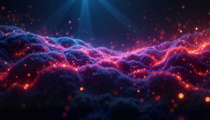 Obraz premium Vibrant abstract landscape illuminated by soft light with glowing particles creating a dreamlike atmosphere