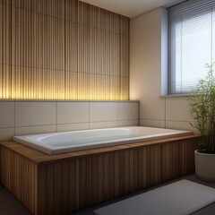Zen-inspired bathroom, large soaking tub, bamboo textures, soft glow, calming ambiance