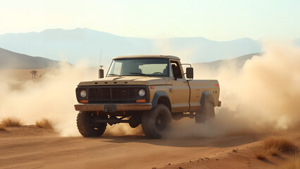 Serene Truck Resting on Rustic Dirt Ground with Majestic Mountains in the Background