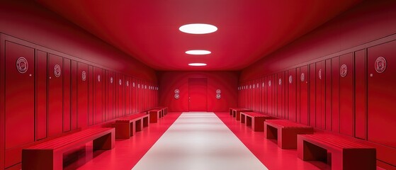Red locker room with a white line down the center.
