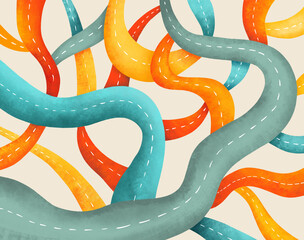 Colorful abstract roads and paths intertwined on a light background