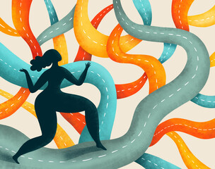 A person navigating colorful pathways in abstract art