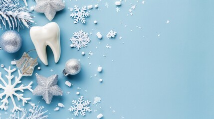 Christmas background with a tooth model, snowflakes, and winter decorations on a light blue backdrop.