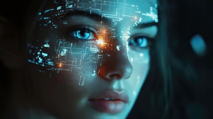 Close-up of a woman's face with futuristic digital overlay, focusing on her blue eye and glowing circuitry.