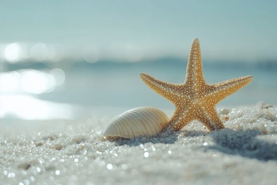 Sunny Beach with Starfish and Seashells in the Foreground, Close-up Detail Generative AI