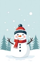 Fototapeta premium A cheerful snowman in a red scarf and cap, surrounded by snowflakes and pine trees