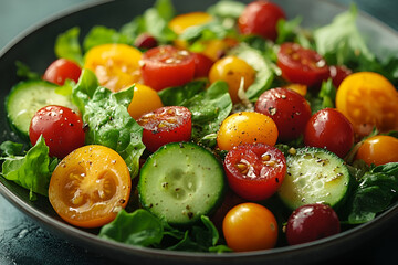A fresh salad featuring vibrant cherry tomatoes, cucumbers, and leafy greens, arranged beautifully in a dark bowl, drizzled with a light dressing.