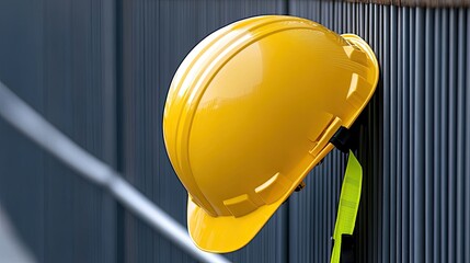 A close-up view shows two construction helmets and a safety vest hanging on a metal fence, illuminated by natural daylight, emphasizing workplace safety