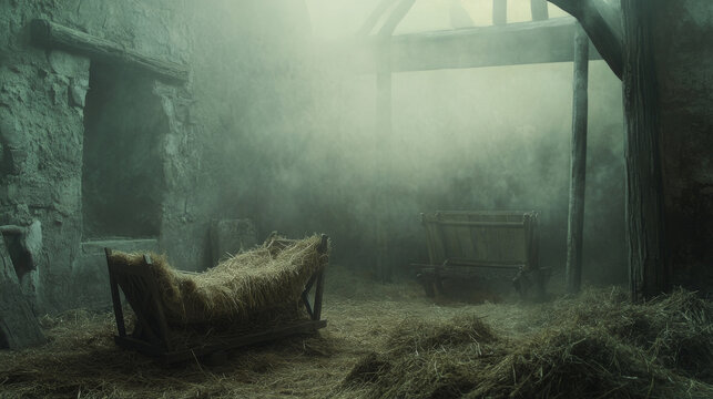 An empty manger filled with straw in a dark, misty stable, symbolizing anticipation and the Nativity scene before the arrival of baby Jesus.
