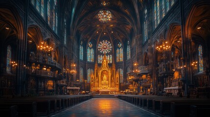 Naklejka premium A grand and ornate church interior with high vaulted ceilings, stained glass windows, and a golden altar.