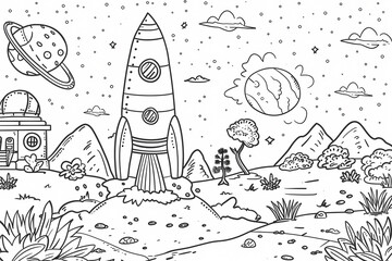 A whimsical black and white illustration of a rocket ship, planets, and a cosmic landscape, perfect for coloring and creative exploration.