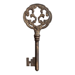 Obraz premium photo of an antique metal key with intricate designs, slightly weathered, ideal for vintage decor themes, transparent background