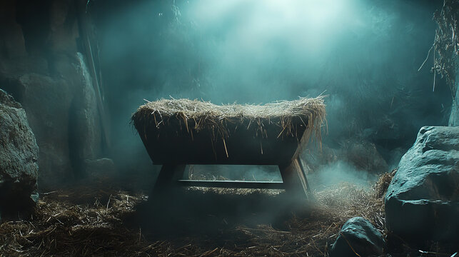An empty manger filled with straw in a dark, misty stable, symbolizing anticipation and the Nativity scene before the arrival of baby Jesus.
