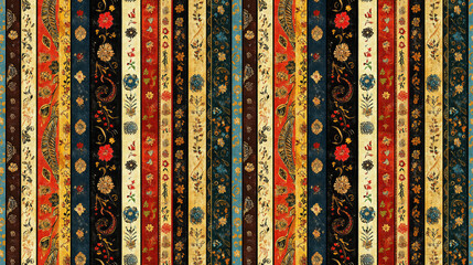 Seamless hand painted ethnic pattern featuring vertical stripes with paisley and floral motifs perfect for textile design