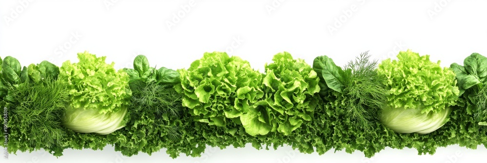 Poster A vibrant collection of fresh lettuce varieties, fragrant dill, and aromatic basil displays on a clean white surface for culinary use. Generative AI