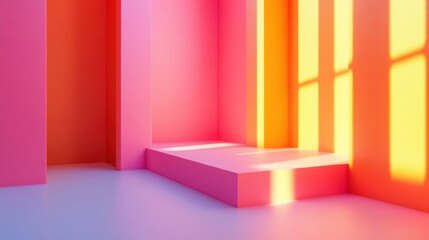 A vibrant, colorful interior scene featuring pink and orange walls with shadows from the sunlight creates a lively atmosphere, Ideal for use in design, art, or lifestyle projects,