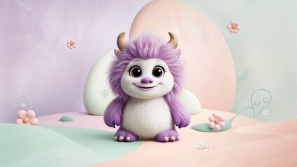 Obraz premium A cute purple monster character stands in a whimsical pastel landscape filled with flowers and textured eggs